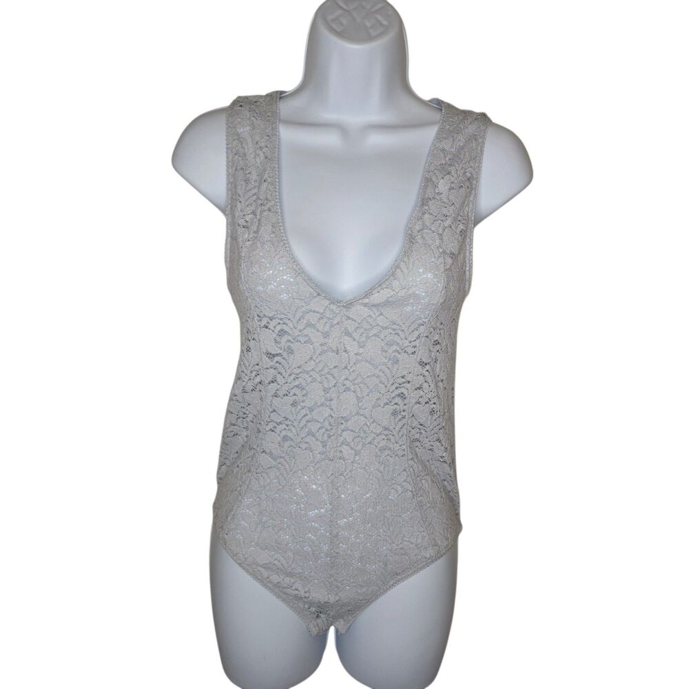 Intimately Free People Sheer Floral Lace Deep V Scoop Neck Bodysuit Blue Gray